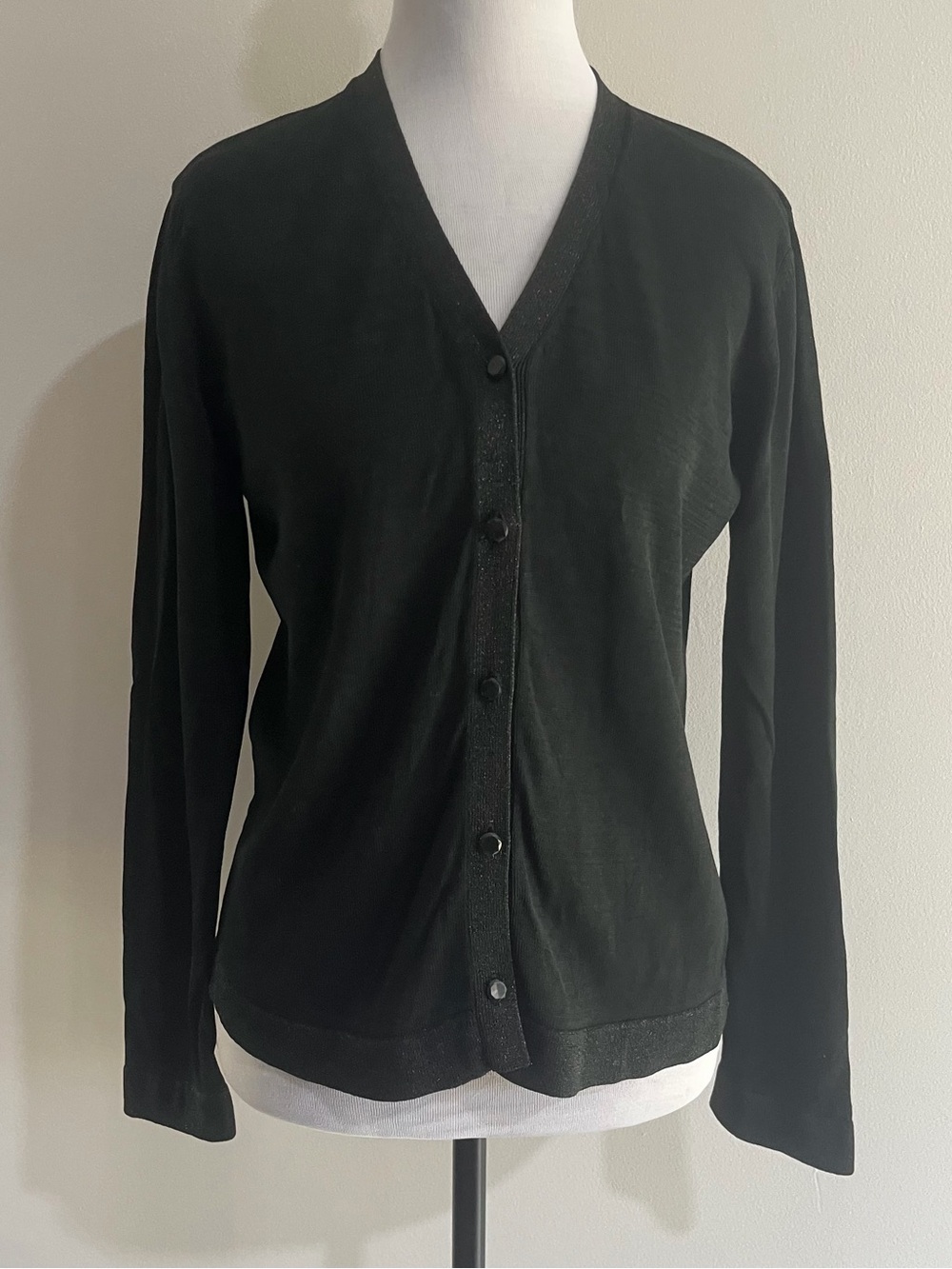 August Silk Black V-Neck Button Silk Metallic Trim Women's Cardigan Sweater Top